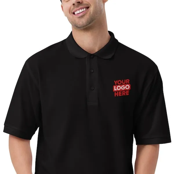 Happy man wearing a corporate polo shirt that has been embroidered with a company logo to represent products available in Austin and the surrounding ATX.